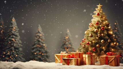 Obraz premium Happy new year and merry christmas festival concept.decorated christmas tree, chrismas ball, star, gift box on floor with snow background.Generative AI
