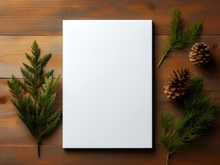Christmas minimal mockup - firtree on wooden background. Horizontal composition with empty paper blank. Flat lay, top view.