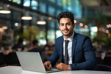 Young businessman or corporate employee using laptop at office