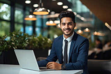 Young businessman or corporate employee using laptop at office