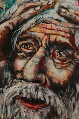 An acrylic drawing of an old gray-haired man looking at the sky and holding his head in his hands. Misunderstanding in the eyes of a religious man