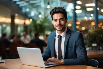 Young businessman or corporate employee using laptop at office