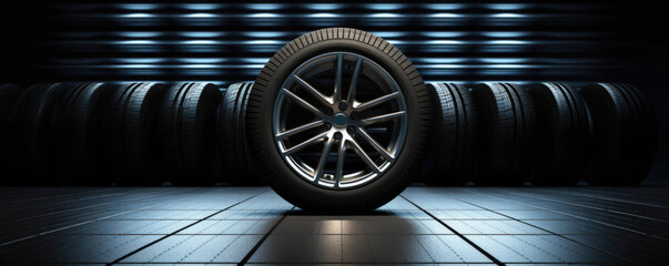 New car wheels - light alloy rims and new tires - obrazy, fototapety, plakaty