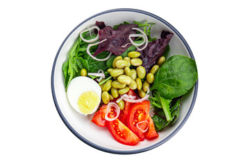 fresh salad edamame bean vegetable tomato, boiled egg meal food snack on the table copy space food background rustic top view  diet vegetarian vegan  