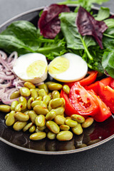 fresh salad edamame bean vegetable tomato, boiled egg meal food snack on the table copy space food background rustic top view  diet vegetarian vegan  