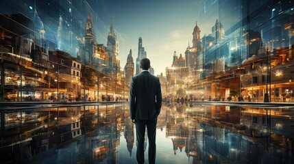 Fototapeta na wymiar businessman standing in modern skycraper high office building night city scapebokeh light vision and mission business strategy ideas concept