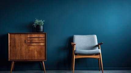 Wood cabinet with chair placed in front of a dark blue wall, featuring a Scandinavian vintage style.