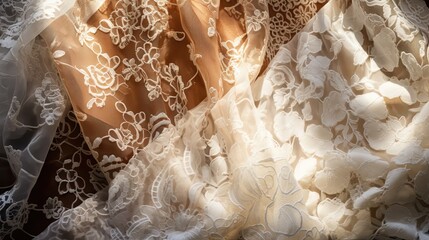 A display of lace fabrics with varying patterns, showcasing intricacy