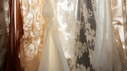 A display of lace fabrics with varying patterns, showcasing intricacy