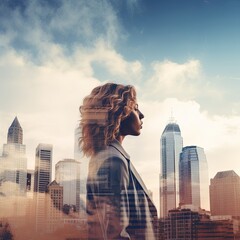 Fototapeta na wymiar rearview of businesswoman formal suit double exposure with modern city building vision and mission strategy ideas concept people with technology and successful concept