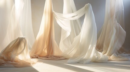 Assorted sheer fabrics draped over objects, emphasizing their delicate nature - obrazy, fototapety, plakaty
