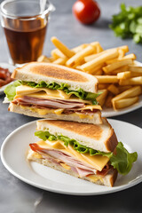 Close-up of a Cheesy Club Sandwich with French Fries
