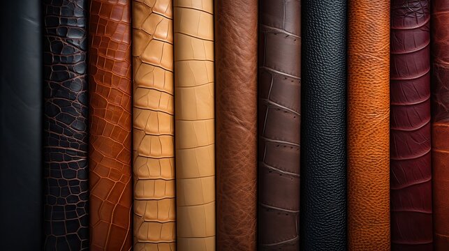 Assorted leather materials with different finishes, highlighting the natural patterns and grains