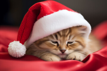 Cute little festive kitten wearing a Father Christmas santa hat