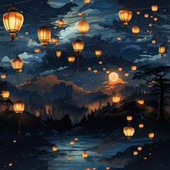   pattern with night sky with moon, stars and Chinese wishing lanterns .pattern for fabric or wallpaper