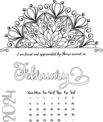 Mandala Calendar Coloring Page for February Year 2024 with self-affirmation quote for positive energy.
