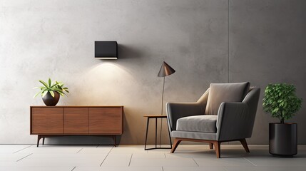 Modern living room with armchair and table next to a TV cabinet, featuring a lamp, flower, and plant against a concrete wall background, rendered in 3D.