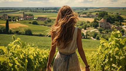 Cercles muraux Vignoble a young woman standing on a vineyard