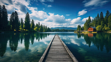 a wooden walkway goes into the water, with a dramatic sky - obrazy, fototapety, plakaty