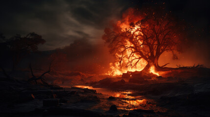 a burning tree in the night