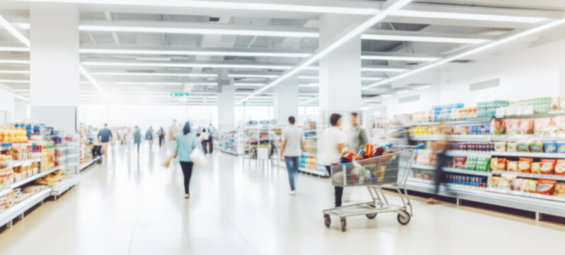 Shopping mall, department store interior with the supermarket for background banner with copy space, Abstract blurred image