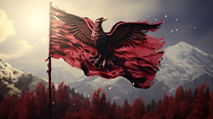 a cartoon of an eagle on a red flag - obrazy, fototapety, plakaty