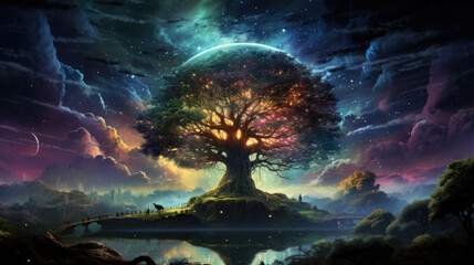 a big tree at night in a fantasy world