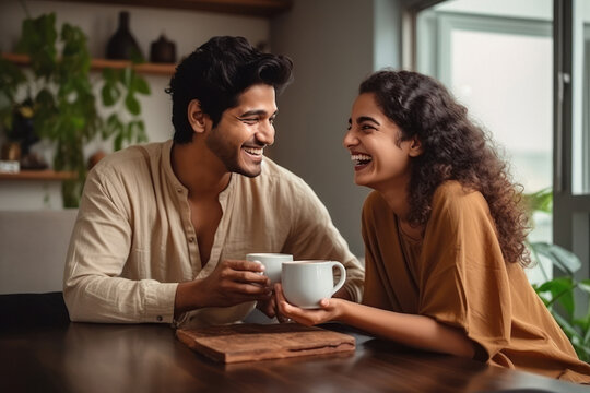 Young couple taking tea or coffee together at home