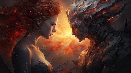 a warrior confronts a fire witch