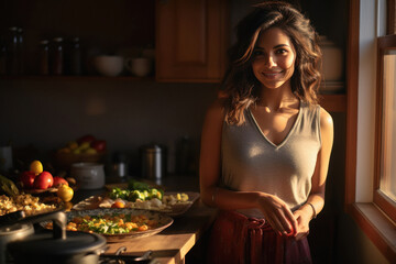 Young woman or housewife working in kitchen