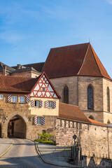 View of the old half-timbered houses at the Bamberg Gate in Kronach/Germany in Upper Franconia