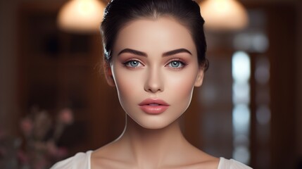 Face of a lovely woman. Beautiful spa model with flawless, spotless skin. A brunette woman smiles while facing the camera. Concept of Youth and Skin Care. generative ai