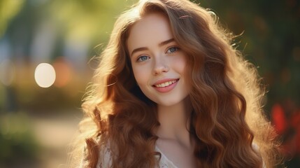 Obraz premium Beautiful model girl with long curly hair. Smiling woman hairstyle wavy curls. Fashion , beauty and makeup portrait. generative ai