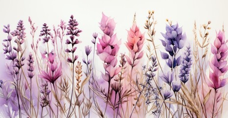 Lavender and purple flowers on a light background. banner. 