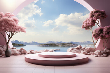 Pink pedestal or sofa over pink cloud background.