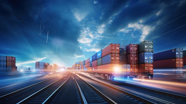 Transportation of Cargo Containers by Freight Train. On a train car, there is an intermodal container. Concept of Rail Freight Shipping Logistics. Goods are imported and exported. generative ai