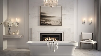 Luxurious new home features a sophisticated bathroom with fireplace and bathtub.