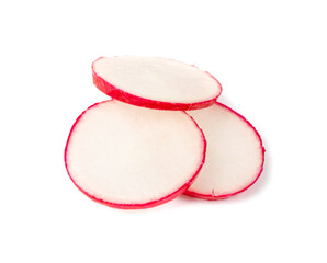 Sliced Radish Roots Isolated, Red Root Round Cuts, Red Radishes Slice Pile, Radis Cross Sections on White