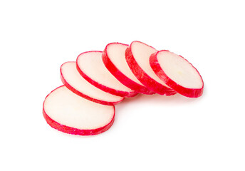 Sliced Radish Roots Isolated, Red Root Round Cuts, Red Radishes Slice Pile, Radis Cross Sections on White
