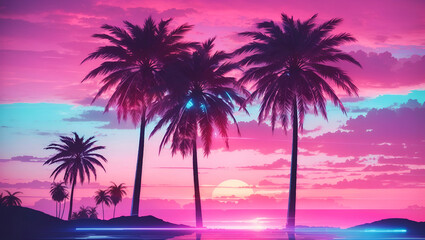 Fototapeta na wymiar Retro-Futuristic Serenity: Neon-Lit Palm Tree at Sunset