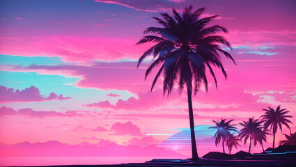 Fototapeta na wymiar Retro-Futuristic Serenity: Neon-Lit Palm Tree at Sunset