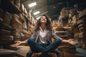 Young indian woman sitting at warehouse