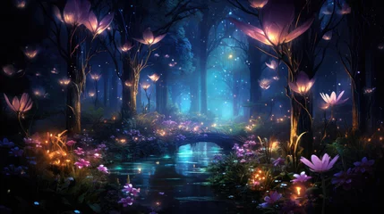 Acrylic prints Fairy forest a fantastic fairy tale forest with glowing plants and mushrooms