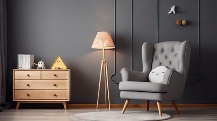 Baby crib, cupboard, armchair, lamp, stool in childs room with wooden floor and grey walls.