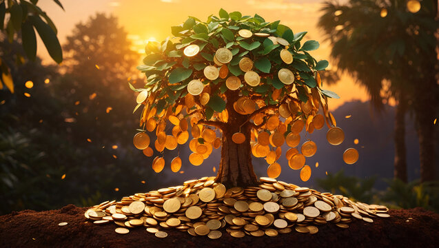 Golden Harvest: Lush Money Tree at Sunset