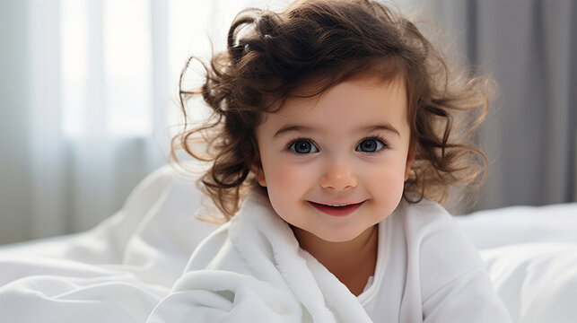 close-up portrait of a baby wrapped in a blanket on the bed and looking at the camera. concept for advertising health and products for babies