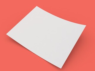 Blank A4 paper template. Curved white paper mockup. 3d render illustration.