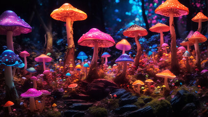 Fototapeta na wymiar Enchanted Glow: Mysterious Blacklight Mushroom Forest