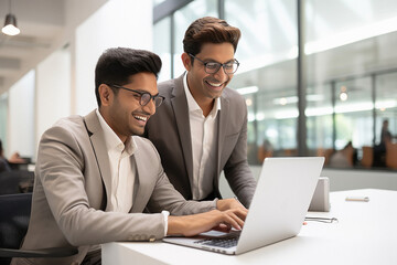 Fototapeta na wymiar Two young indian businessman or corporate employee working together on laptop