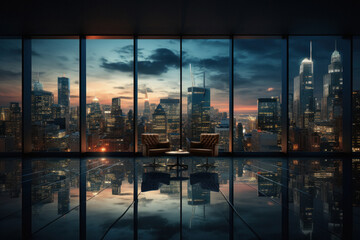 Fototapeta na wymiar Night view of city buildings from empty office.